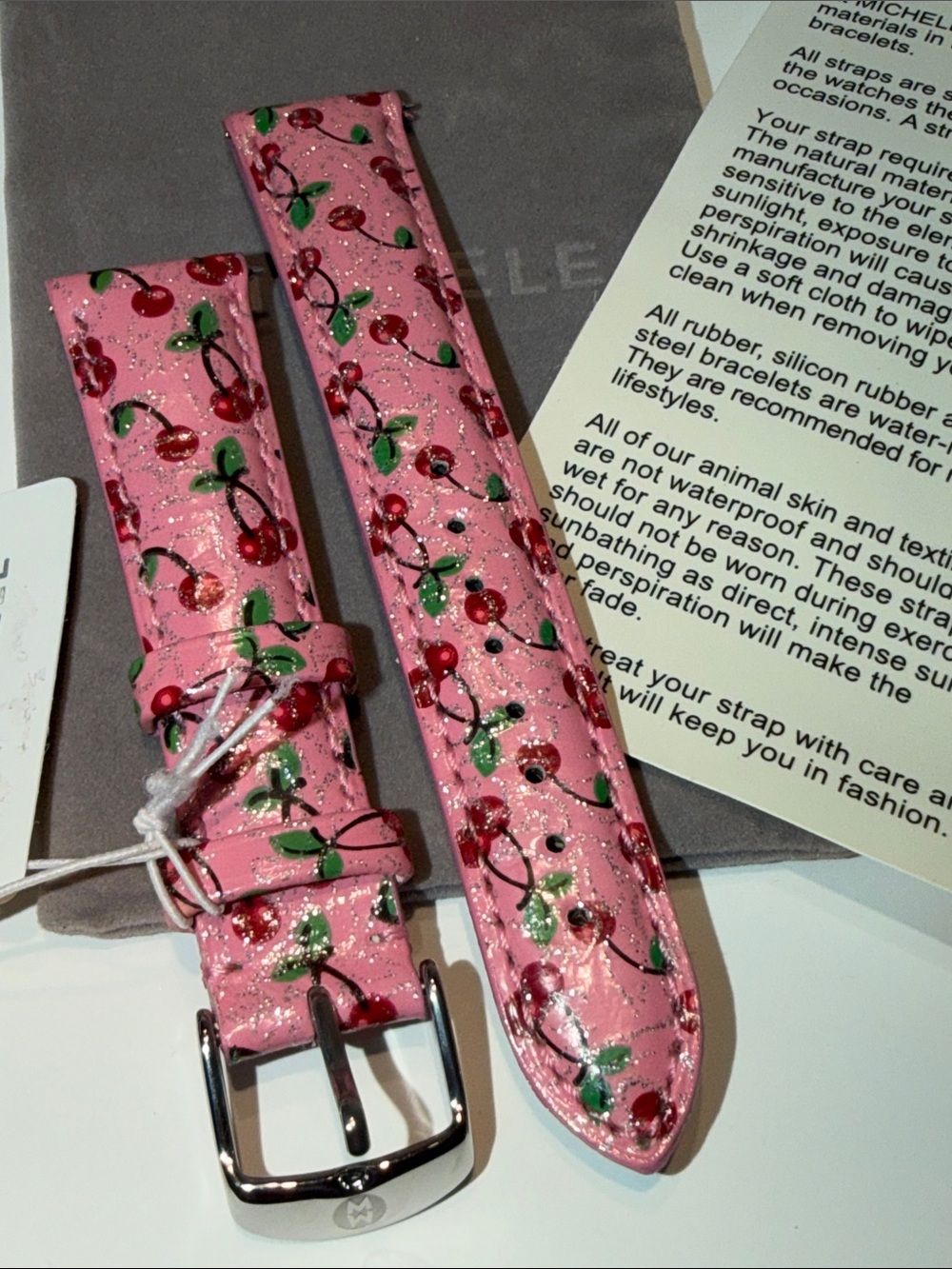 Michele 18mm Cherries on Pink Genuine Leather Watch Band Strap Authentic NWT